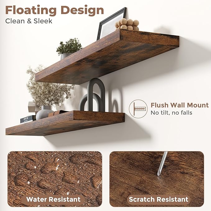 Floating Shelves for Wall with Invisible Brackets, Wall Mounted Engineered Wood Shelves with Wood Grain for Living Room, Bathroom, Kitchen Decor and Storage, Oak, 40"L Set of 2, Rustic Brown
