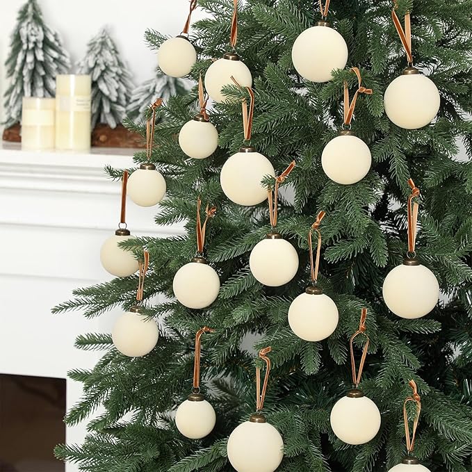36 Pcs Velvet Christmas Balls Bulk - Flocked Christmas Tree Ball Ornaments Hanging Decoration for Xmas Tree, Wreath, Home or Party Decorations, 2.36", 2.76", 3.15"(Cream White)
