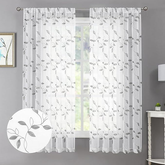 Tollpiz Grey Leaf Sheer Curtain Leaves Embroidered Bedroom Curtains Rod Pocket Voile Window Treatments for Living Room, 38 x 63 inches Long, Set of 2 Panels