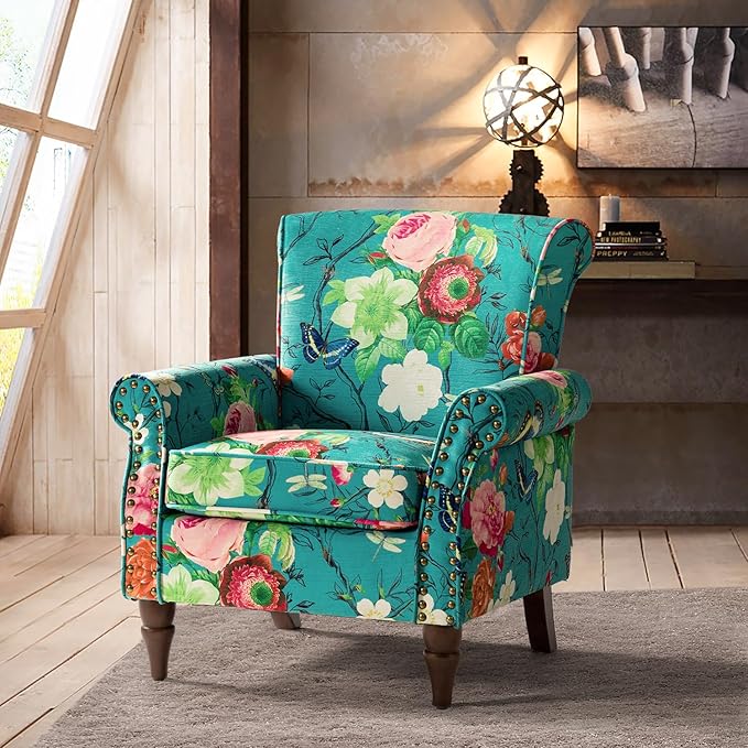 HULALA HOME Modern Wingback Accent Chair with Wood Legs & Removable Cushion, Comfy Upholstered Armchair with Nailhead Trim, Floral Pattern Single Sofa Chair for Living Room Bedroom, Blue