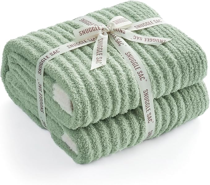 Snuggle Sac Fluffy Ribbed Sage Green Blanket Twin Size, Soft Luxurious Knit Fuzzy Microfiber Blankets for Sofa, Bed, Sage Green, 60x80 inches