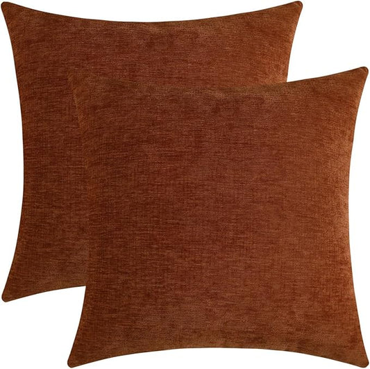 Terracotta Chenille Decorative Couch Throw Pillow Covers, Soft Cushion Cases for Home Livingroom Sofa Décor, Pack of 2, 20 x 20 Inches