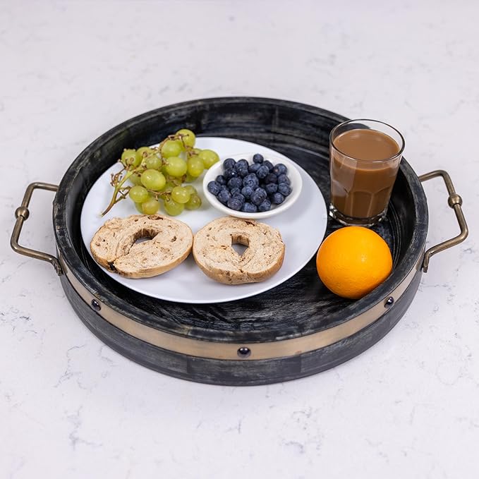 16” Round Ottoman Tray, Distressed Black Mango Wood, Rustic Farmhouse Style with Antique Brass Handles & Accent Strap, Large Coffee Table Tray for Tea, Breakfast in Bed, Living Room