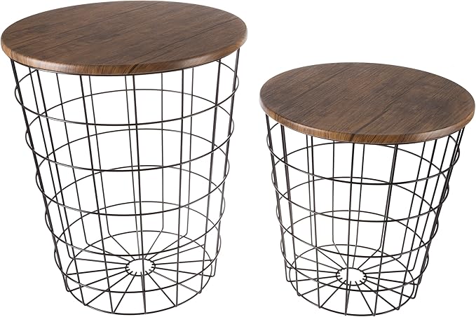 Lavish Home End Tables Set of 2 - Nesting Tables with Removable Wood Tops and Metal Basket Bases for Blanket Storage - Round Side Pieces for Living Room, Bedroom, or Home Office (Brown/Black)