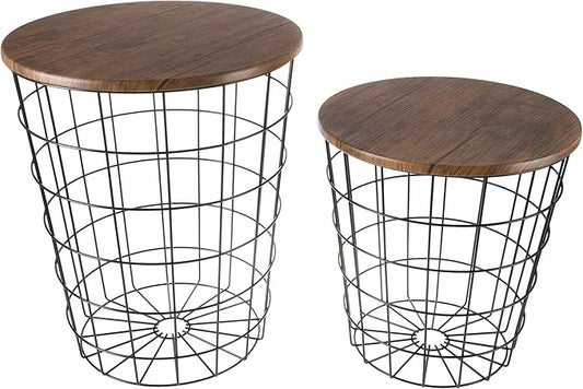Lavish Home End Tables Set of 2 - Nesting Tables with Removable Wood Tops and Metal Basket Bases for Blanket Storage - Round Side Pieces for Living Room, Bedroom, or Home Office (Brown/Black)
