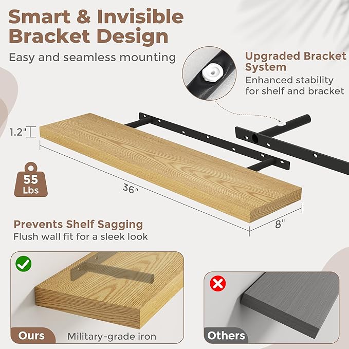 36 Inch Floating Shelves for Wall Set of 2, 8"D Wood Grain Bathroom Shelves with Invisible Brackets, Easy Install Engineered Wood Storage Shelves for Kitchen, Living Room, Bedroom, Oak Finish