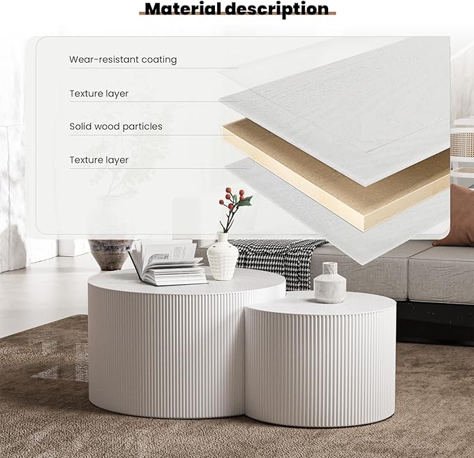 Round Nesting Coffee Table Set 2 Piece, Drum Modern Stackable Side Table for Living Room/Bedroom Small, Space-Saving Accent Furniture with Scratch-Resistant Design (A White 27.56 in)