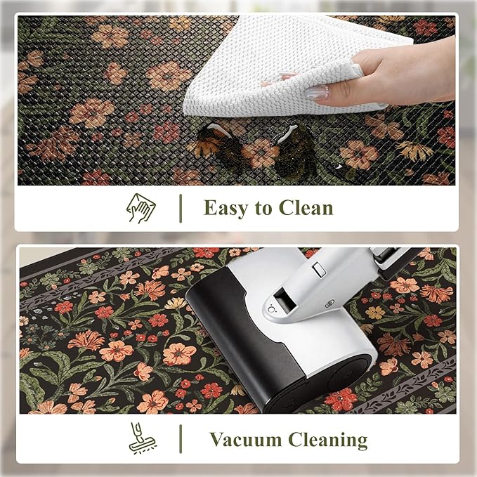 Collive Anti Fatigue Mat for Kitchen Floor, Waterproof Cushioned Sink Mats Non Slip Floral Kitchen Rugs Set of 2, Black Comfort Modern Standing Rug for Office, Laundry, Desk, 17"x30"+17"x47"