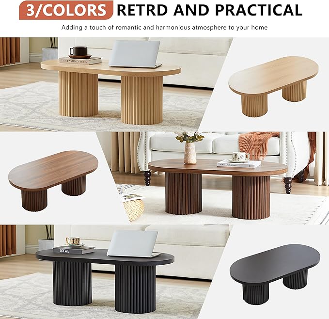 AVZEAR Fluted Oval Coffee Table for Living Room, Boho Modern Coffee Table with Fluted Legs, Curved Round Wood Center Table for Home, Small Spaces, Office, Natural Color(39.38" x 19.69" x 13.78")