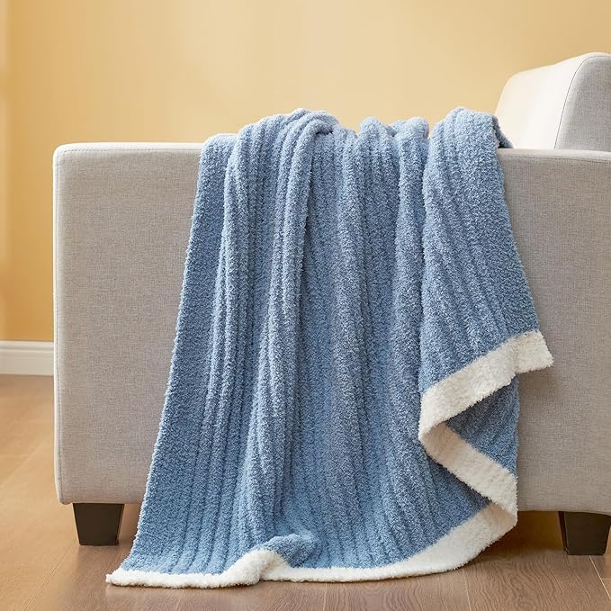 Snuggle Sac Warm King Size Blanket for Bed, Cozy Soft Fuzzy Microfiber Knit Stripe Bedding Blankets, Blue, 108x90 inches