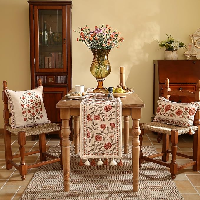 ISAENNE Designer Elegant Linen Table Runner 87 Inches Long,Vintage Orange Floral Pattern Table Runners for Dining Tables,Kitchen Decor,Thanksgiving,Christmas,Banquet,12"*87"-Alvarado A