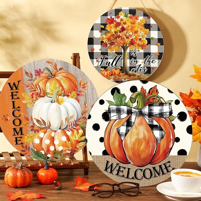 3 Pcs Fall Thanksgiving Decoration for Home Front Door Decor Signs Fall Pumpkin Wooden Wreath Autumn Maple Leaves Door Hanger for Farmhouse Autumn Thanksgiving Home Office Decor