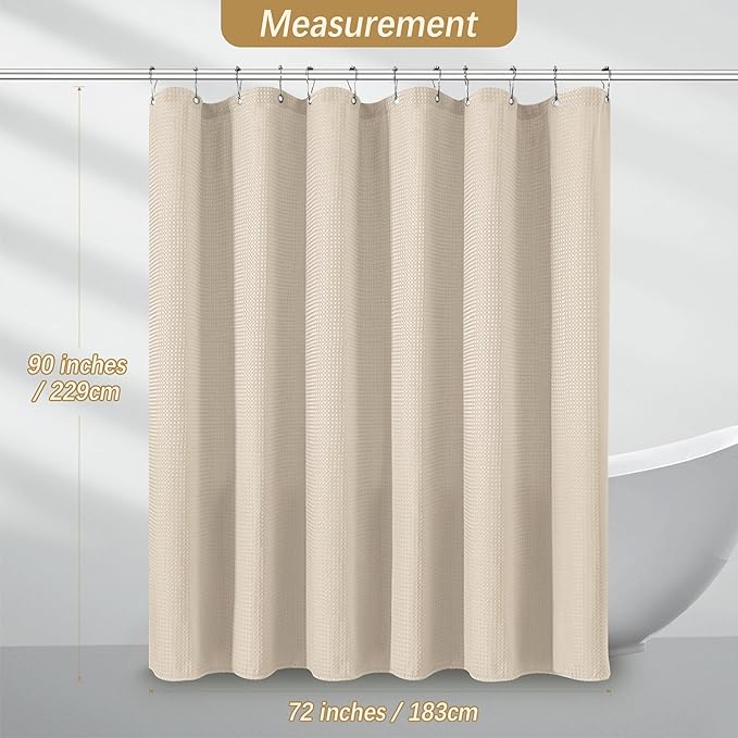 Beige Fabric Shower Curtain - Waffle Textured Heavy Duty Shower Curtains for Bathroom, 256GSM Hotel Spa Luxury Weighted Bath Curtain with 12 Hooks, 72x90, Beige