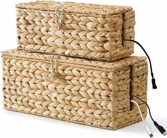 2-Pack Wicker Cable Management Box, Handmade Water Hyacinth Cable Organizer with Lid, Cord Hider Basket with 2 Slots for TV Wires, Power Strips, Surge Protector