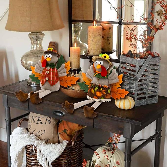 Thanksgiving Turkey Decorations Indoor, Stuffed Turkey Animal Plush Couple, Fall Harvest Home Kitchen Decor, Thanksgiving Tabletop Centerpieces Decorations for Home