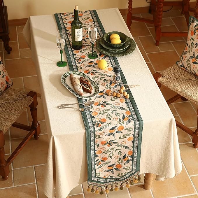 patdrea Designer Vintage Fresh Farmhouse Linen Table Runner 102 Inch Long, Green and Orange Pattern Table Mat, Decor for Kitchen Dining Table Coffee Table Shelf Cabinet Banquet Christmas ,12"*102"