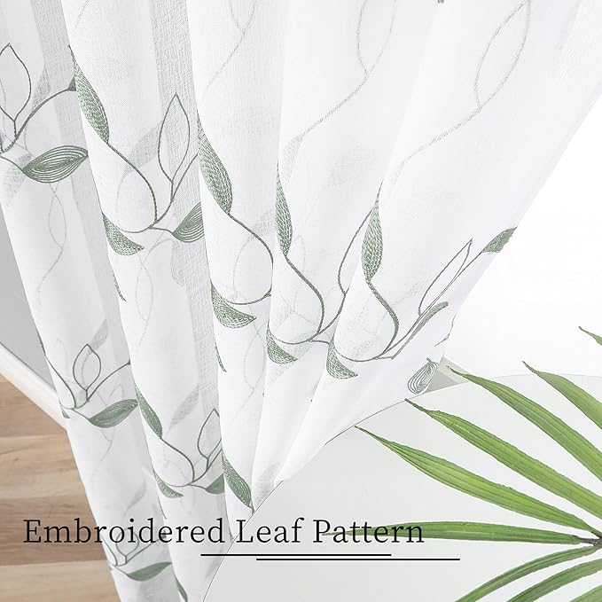 Tollpiz Sage Green Leaf Sheer Curtain Leaves Embroidered Living Room Short Curtains Rod Pocket Voile Window Treatment for Bedroom, 54 x 54 inches Long, Set of 2 Panels