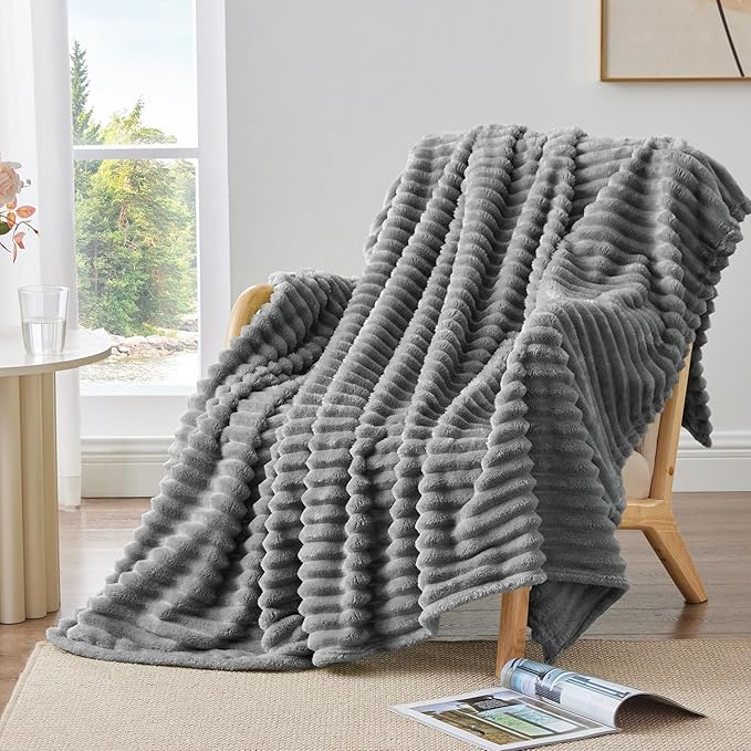 BEDELITE Twin Blanket for Couch & Bed, 300GSM Soft & Warm Fleece Blanket, Decorative and Giftable Striped Grey Blankets for Women, Men, 60"x80"