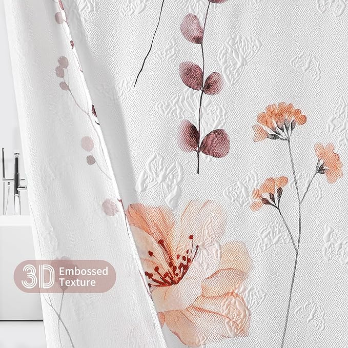 QiyI Long Shower Curtain 72 x 78, Modern Watercolor Floral Shower Curtain, 3D Embossed Pink Brown Flower Cloth Bathroom Curtain, Waterproof Fabric Rustic Farmhouse Shower Curtain Set with Hooks