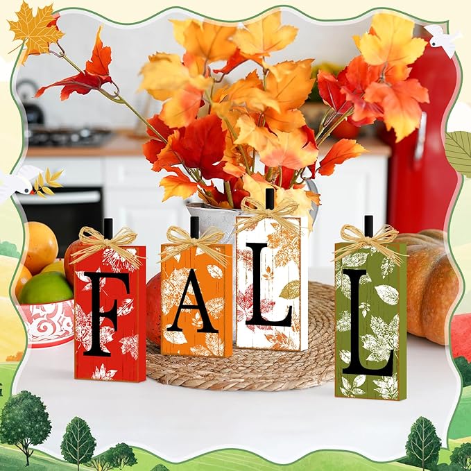 4 Pcs Fall Decorations for Home, Thanksgiving Fall Sign Wooden Tiered Tray Decor Vintage Farmhouse Table Decor Autumn Maple Leaf Harvest Tabletop Centerpieces for Home Kitchen Indoor Mantel
