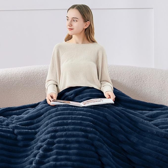 BEDELITE King Size Blanket for Bed, 300GSM Soft & Warm Fleece Blanket, Decorative and Giftable Striped Navy Blankets for Women, Men, 108"x90"