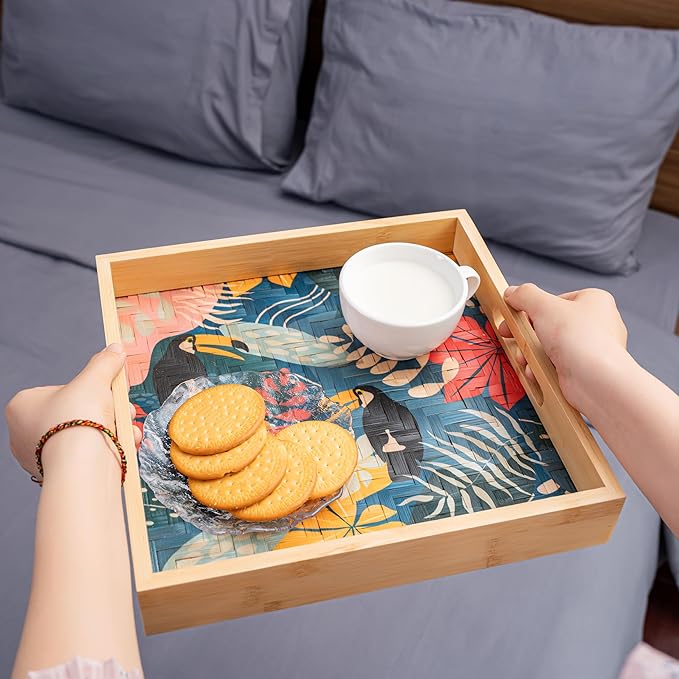 PEMAR 12.2" Square Bamboo Art Decor Tray with Handle, Food Drink Serving Tray for Breakfast Lap Bed Eating. Pattern Printed on Bamboo. Decorative Catchall Coffee Table Entryway Nightstand (Toucan)