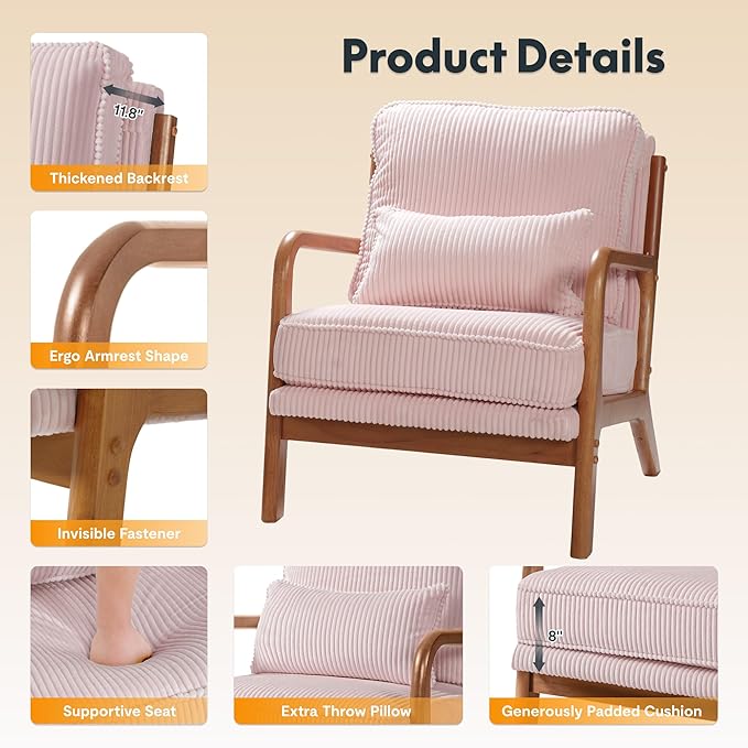 FLEXISPOT AC1 Mid Century Modern Accent Chair with Wood Frame, Corduroy Upholstered Armchair with Thickened Backrest & Lumbar Pillow, Comfy Reading Chair for Living Room, Bedroom, Balcony (Pink)