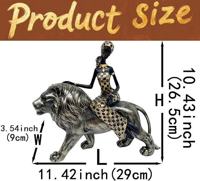 African Lion Tribal Lady Sculpture, African Design Figurines with Tribal Totem,Desk Room Home Decor, Animal and Women Decor Art Sculptures