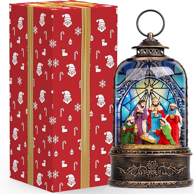 Christmas Snow Globe Swirling Glittering Nativity Scene with Music, USB Lined/Battery Operated Lighted Water Lantern for Christmas Festival Decoration Gifts