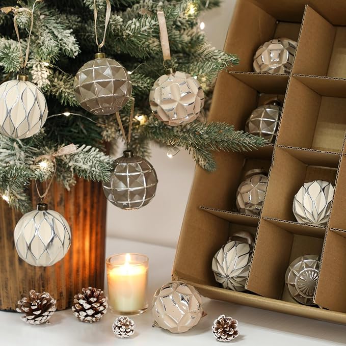 Syhood 12 Pcs Neutral Textured Christmas Ball Ornaments 2.4 Inch Vintage Xmas Tree Decorations Rustic Distressed Xmas Baubles Antique Farmhouse Modern Christmas Decor for Tree Home (Brown)