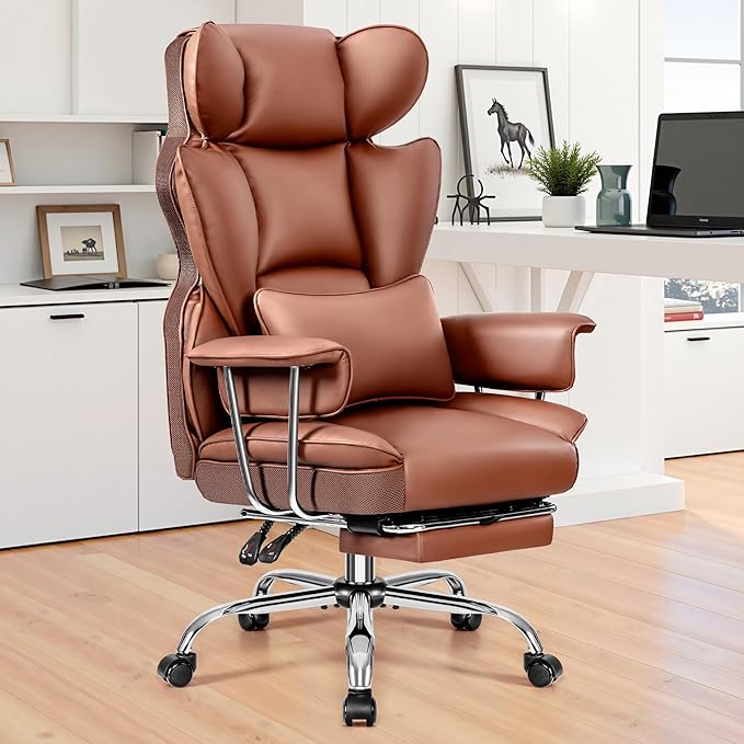 Office Chair 400LBS, Executive Chair High Back Adjustable Managerial Home Desk Chair with Footrest, Big and Tall Office Chairs with Lumbar Support, Brown