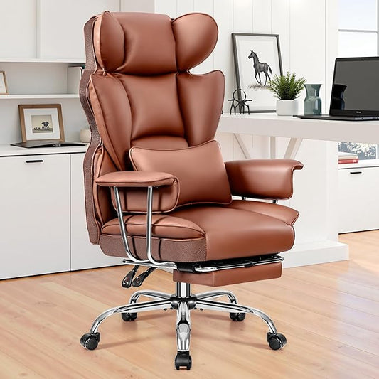 Office Chair 400LBS, Executive Chair High Back Adjustable Managerial Home Desk Chair with Footrest, Big and Tall Office Chairs with Lumbar Support, Brown