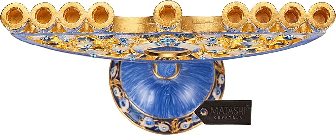 Matashi Hand Painted Blue Enamel Pomegranate Design Menorah Candelabra Embellished with Gold Accents and Crystals Jewish Candle Holder Hanukkah Gift Housewarming Showpiece for Living Room