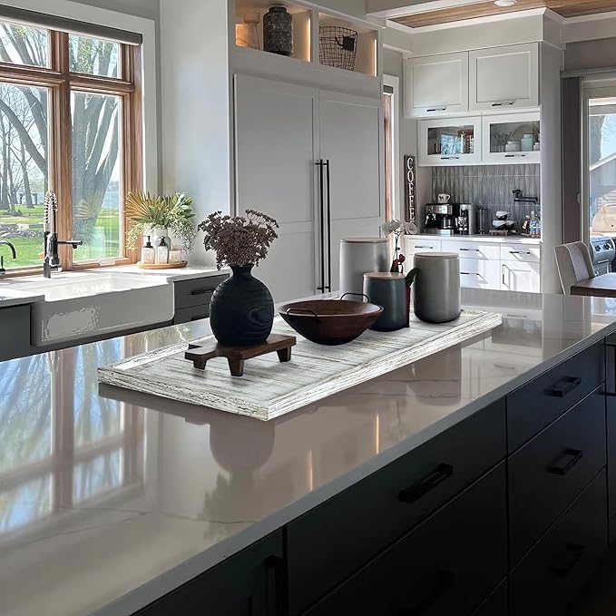 40"x20" Extra Large Long Rectangle Ottoman Table Tray - Rustic Wooden Serving Tray for Farmhouse Decorative Oversized Coffee Table Trays Living Room Kitchen Counter Breakfast White