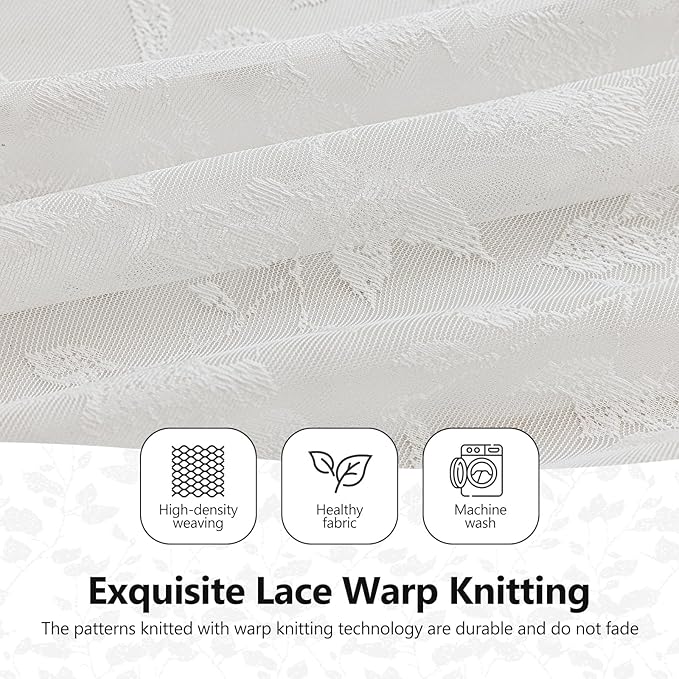 96-Inch White Lace Sheer Curtains – Vintage Leaf Pattern Lace for Bedroom/Living Room, Light Filtering Rod Pocket Drapes, Privacy Chic Window Treatments, 52W x 96L Inch, 2-Panel Set