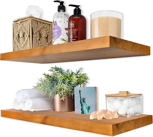 Sorbus Wood Floating Shelves for Wall - 24” Solid Wall Shelves for Bathroom, Bedroom & Living Room - Set of 2 Maple Wood Wall Mounted Shelves - Durable Solid Pine