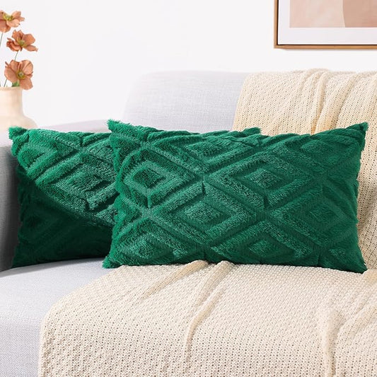 decorUhome Christmas Couch Throw Pillow Covers 12x20 Set of 2, Decorative Soft Plush Faux Wool Lumbar Neutral Accent Pillow Covers for Bed Sofa Living Room, Green