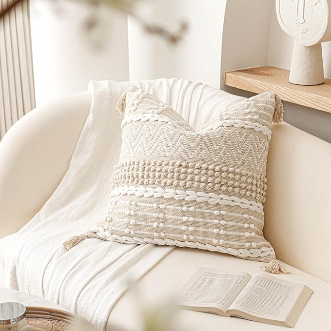 BlissBlush Boho Throw Pillow Cover 22X22, Large Decorative Accent Pillow for Couch, Square Woven Textured Pillowcase, Modern Boho Pillow for Bed, Bohemian Pillow Cover, Cream White (Pack of 1)