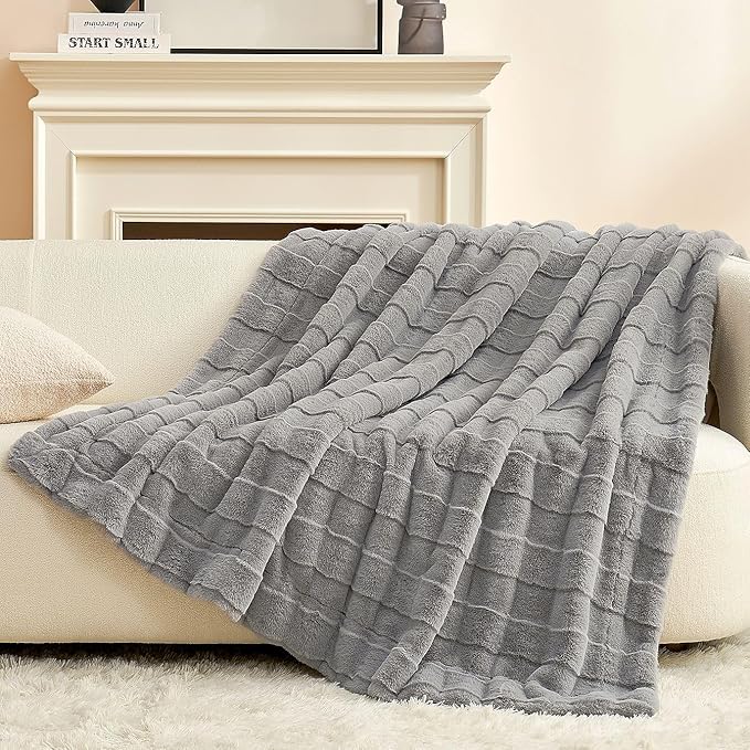 Cozy Bliss Fluffy Faux Fur Throw Blanket for Couch,Warm Cozy Soft Grey Throw Blankets for Sofa Bed Living Room,50x60 Inches