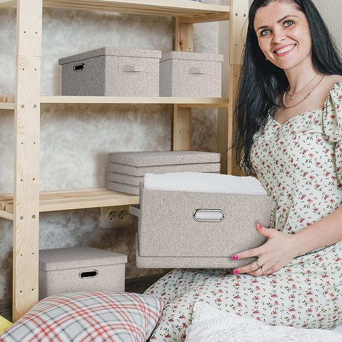 Medium 15" 21 Quart Collapsible Stackable Storage Bins with Lids, 5 Packs Beige Foldable Fabric Closet Boxes Heavy-duty Linen Cube Baskets Container for Bedroom Office (15 x 11 x 8)