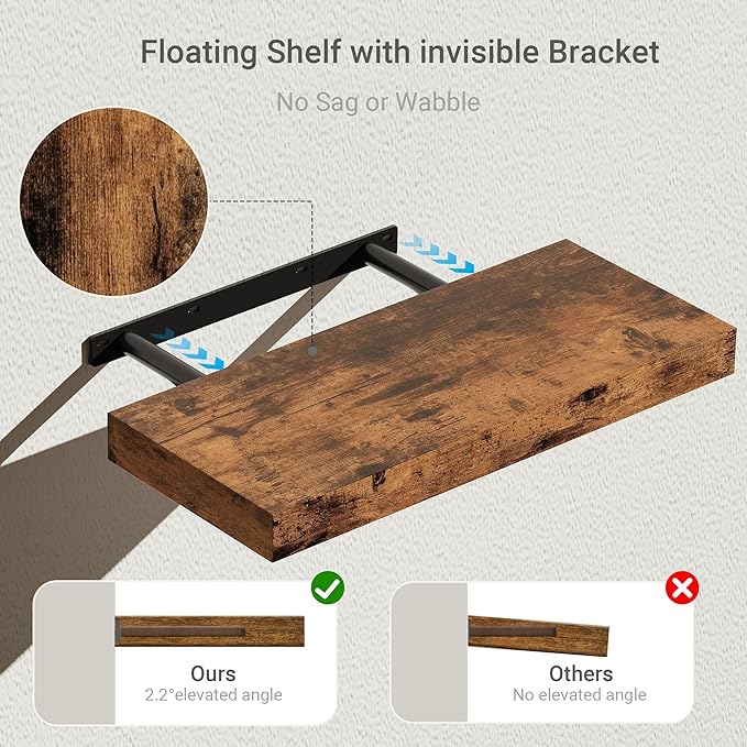 Vivelove Floating Shelves for Wall, 16 inchs x 6.7” deep x 1.4” Bathroom Shelf Bedroom, Living Room, Kitchen, Farmhouse Decor, Rustic Wood Wall Shelves with Invisible Brackets - Set of 2, Rustic Brown