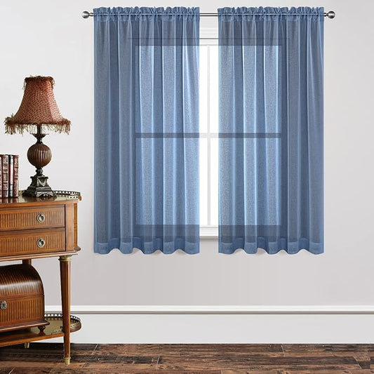 Joydeco Blue Sheer Curtains 63 Inch Length 2 Panels Set, Rod Pocket Long Sheer Curtains for Window Bedroom Living Room, Lightweight Semi Drape Panels for Yard Patio (54x63 inch, Navy Blue)