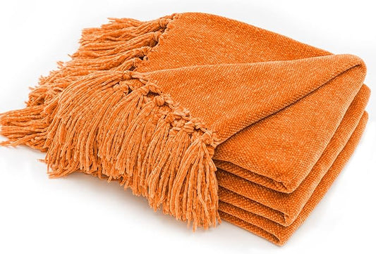 RECYCO Throw Blanket Soft Cozy Chenille Throw Blanket with Fringe Tassel for Couch Sofa Chair Bed Living Room (Orange, 50'' x 60'')