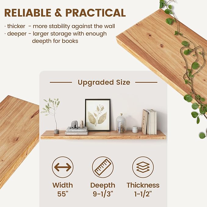 Rustic Elm Wood Floating Shelf for Wall, Flat Edge 55"W x 9.2"D x 1.4"H, 1 Pack with Invisible Bracket, Large Wall Mounted Storage Shelf for Living Room Bedroom Kitchen Bathroom Decor, Natural Finish