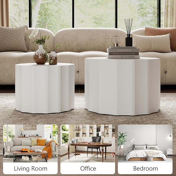 Nesting Coffee Table Set of 2, Round Coffee Tables, Space-Saving Modern Circle Coffee Tables, Side End Table for Living Room, Bedroom, Balcony, Office, White