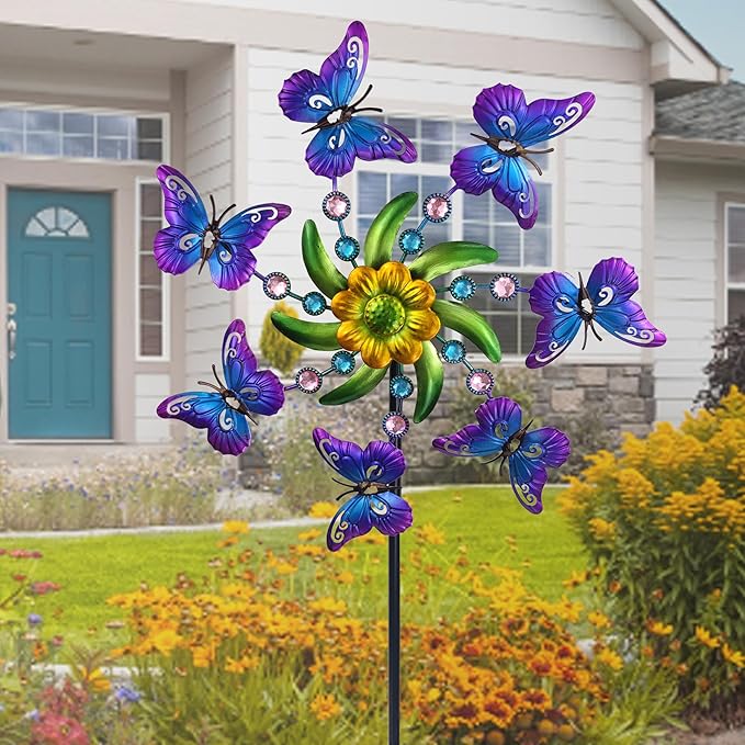 39" Butterfly Wind Spinner for Yard and Garden Stake,Outdoor Metal Windmill,Single Direction Wind Sculptures, Kinetic Windmills for Garden Decorations.