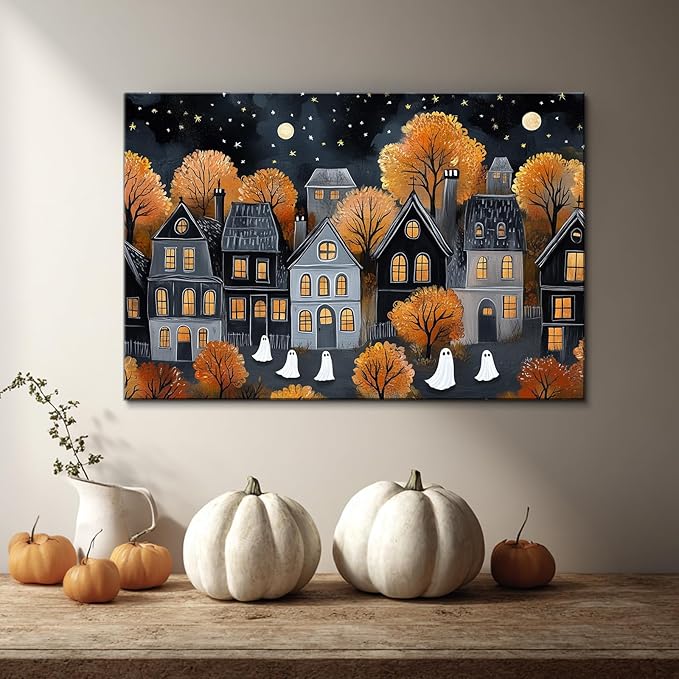 BANHUA1 Halloween Village Scene Canvas Wall Art, Ghosts And Autumn Foliage Print, Dark Academia Wall Decor for Home, Living Room, 18 x 12 Inch