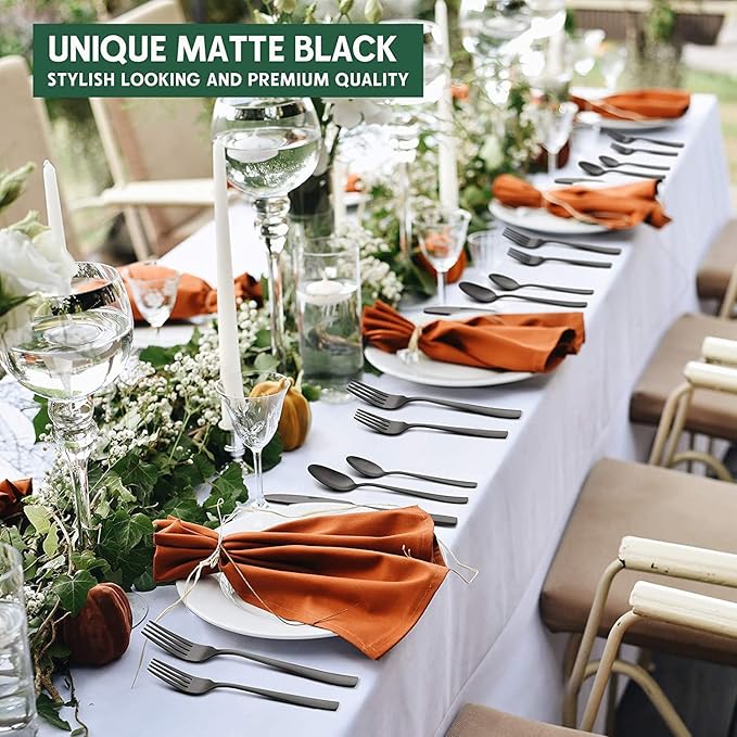 Hiware 48-Piece Matte Black Silverware Set with Steak Knives, Black Flatware Set for 8, Stainless Steel Tableware Cutlery Set, Utensil Sets for Kitchen