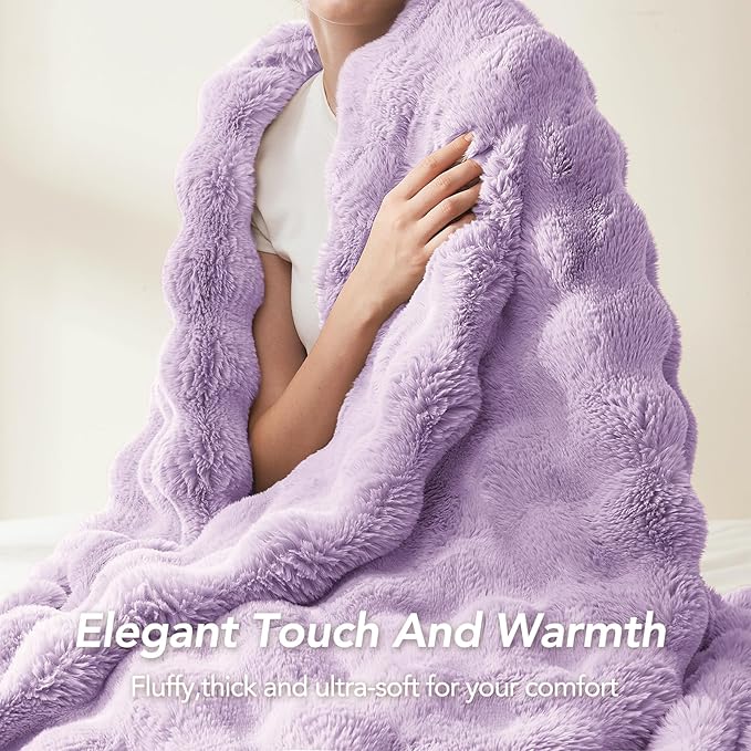 L'AGRATY Faux Fur Throw Blanket: 50" x 60" Luxury Soft Fluffy Rabbit Fur Blankets Twin for Couch Bed Sofa - Cozy Plush Bubble Blankets for Winter: Flannel Fleece Decorative Blanket(Purple)