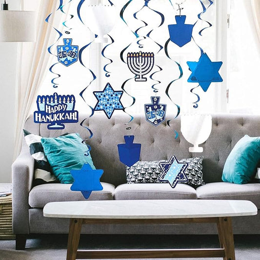 The Dreidel Company Hanukkah Swirl Decorations, Includes 12 Swirls with Foil Hanukkah Cutouts 24" and Swirls Alone Hang 18" Long (48-Pack)